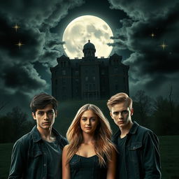 In the foreground, three young adults stand together, with a sinister mental institution ominously towering in the background beneath a full moon