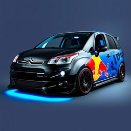 A 2012 Citroën C3 Picasso finished in a sleek black color with vibrant blue accents and bold Red Bull graphics adorning the exterior