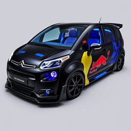 A 2012 Citroën C3 Picasso finished in a sleek black color with vibrant blue accents and bold Red Bull graphics adorning the exterior