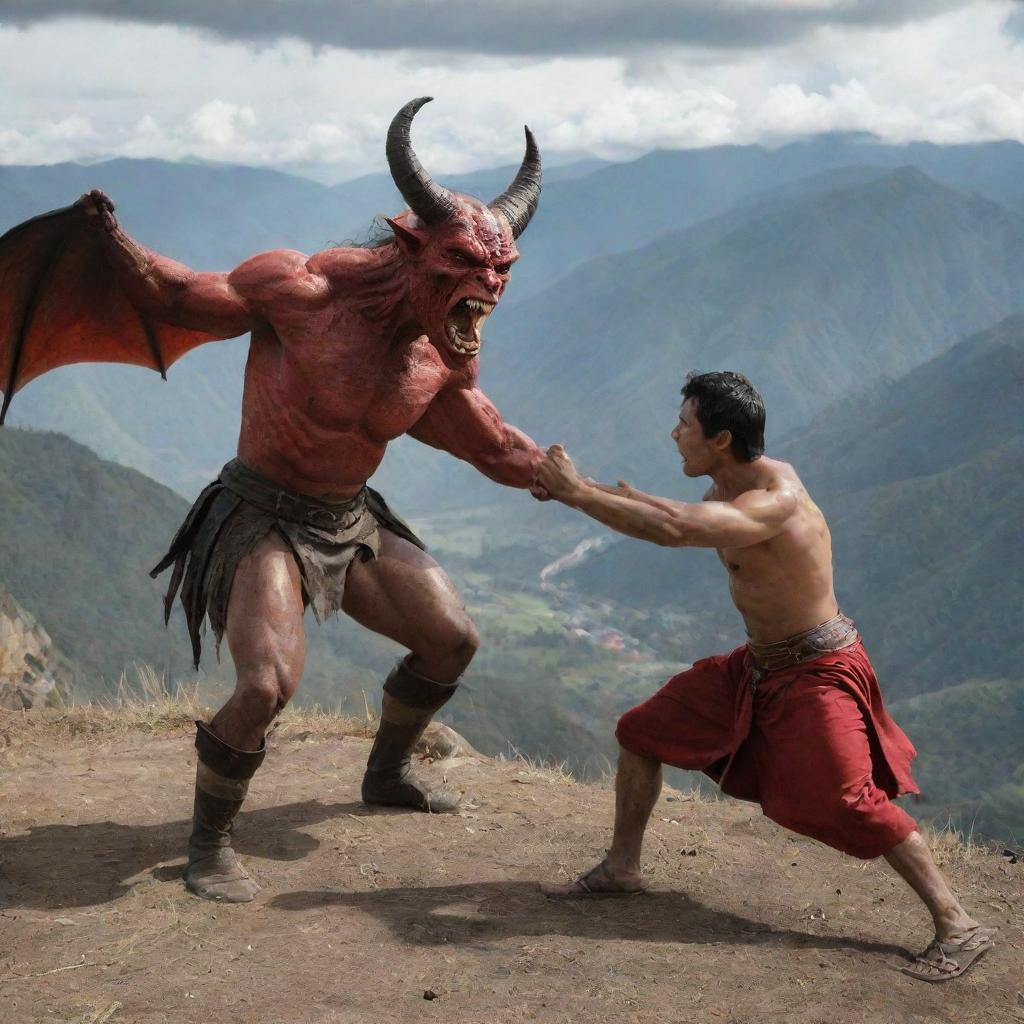 An Ecuadorian man engaged in an intense battle with a devilish figure amidst a scenic mountain range.