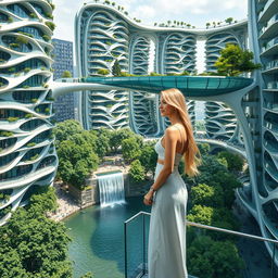 Futuristic bionic design of high-rise buildings, featuring facades adorned with flowing lines and balconies filled with trees