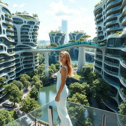 Futuristic bionic design of high-rise buildings, featuring facades adorned with flowing lines and balconies filled with trees