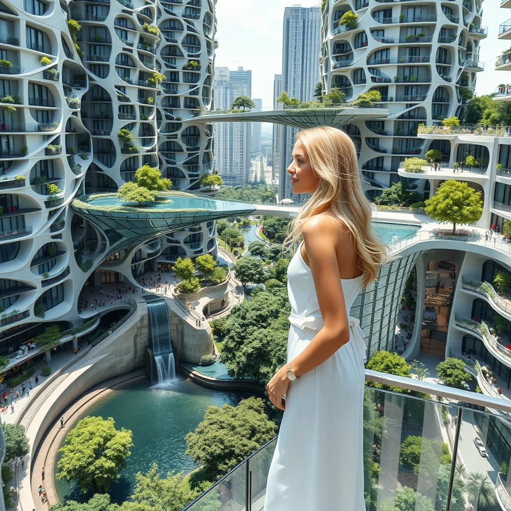 Futuristic bionic design of high-rise buildings, featuring facades adorned with flowing lines and balconies filled with trees