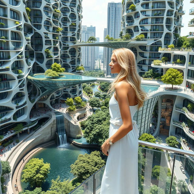 Futuristic bionic design of high-rise buildings, featuring facades adorned with flowing lines and balconies filled with trees