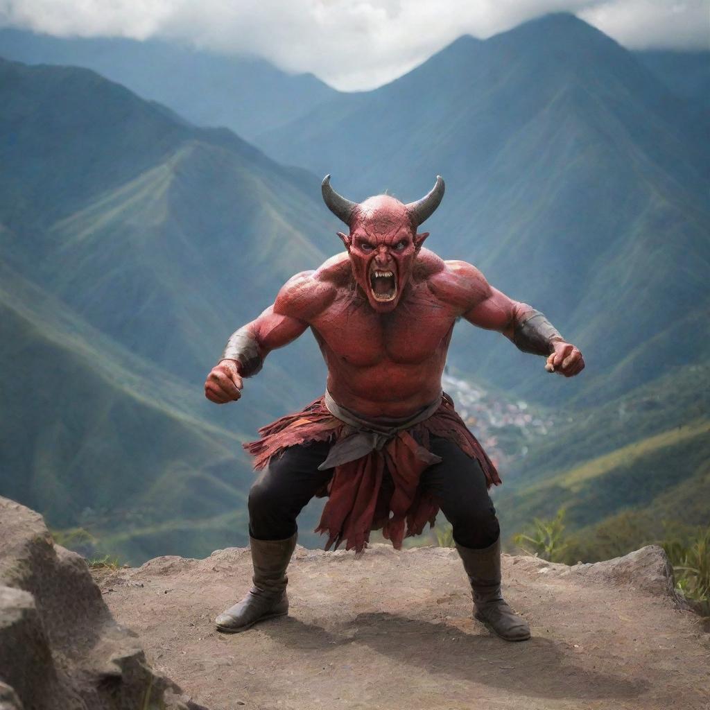 An Ecuadorian man engaged in an intense battle with a devilish figure amidst a scenic mountain range.