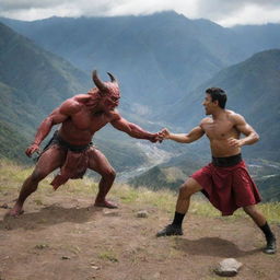 An Ecuadorian man engaged in an intense battle with a devilish figure amidst a scenic mountain range.