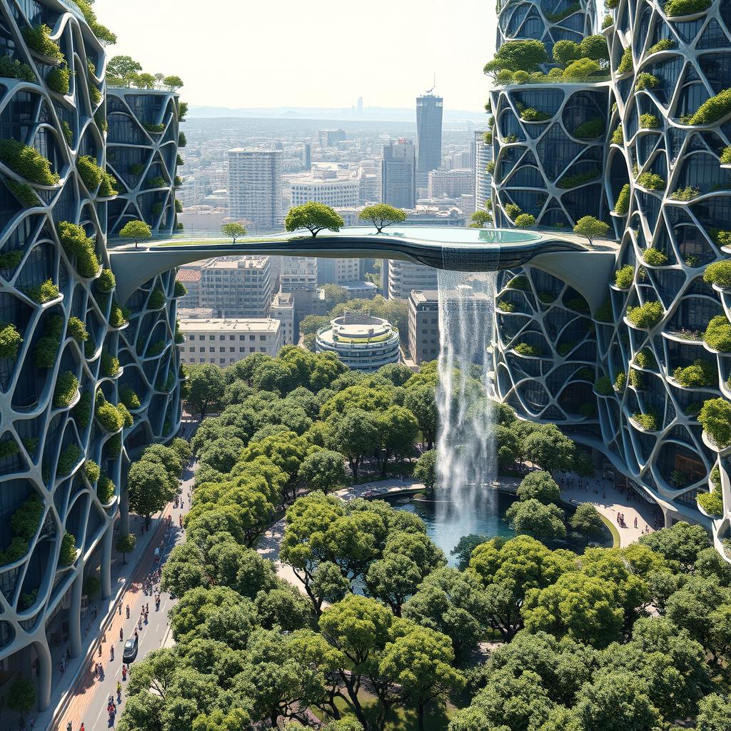 Futuristic bionic design of high-rise buildings with intricate flowing line facades, featuring trees on balconies