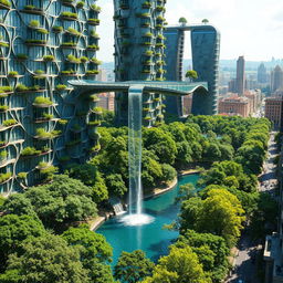 Futuristic bionic design of high-rise buildings with intricate flowing line facades, featuring trees on balconies