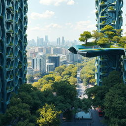 Futuristic bionic design of high-rise buildings with intricate flowing line facades, featuring trees on balconies