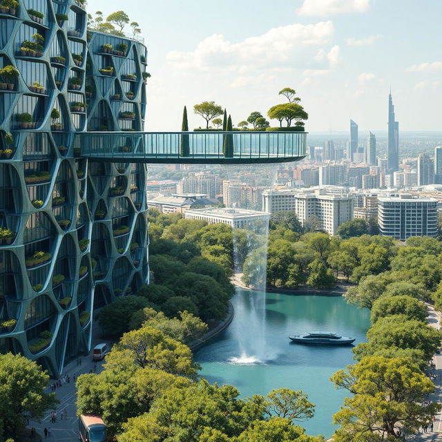 Futuristic bionic design of high-rise buildings with intricate flowing line facades, featuring trees on balconies