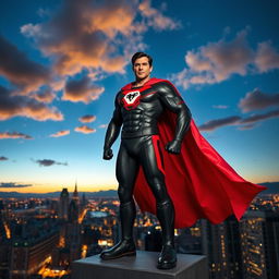 A dynamic and powerful superhero stands confidently on a skyscraper rooftop, overlooking a bustling cityscape