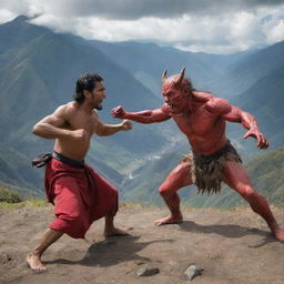 An Ecuadorian man engaged in an intense battle with a devilish figure amidst a scenic mountain range.