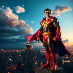 A dynamic and powerful superhero stands confidently on a skyscraper rooftop, overlooking a bustling cityscape