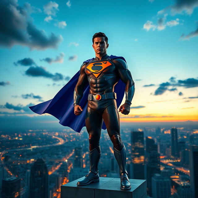 A dynamic and powerful superhero stands confidently on a skyscraper rooftop, overlooking a bustling cityscape