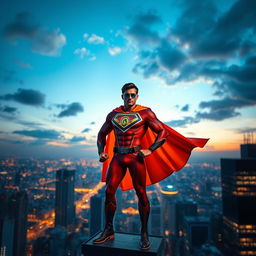 A dynamic and powerful superhero stands confidently on a skyscraper rooftop, overlooking a bustling cityscape