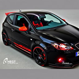 A 2006 black SEAT Ibiza featuring vibrant red accents, equipped with striking black OZ Racing wheels