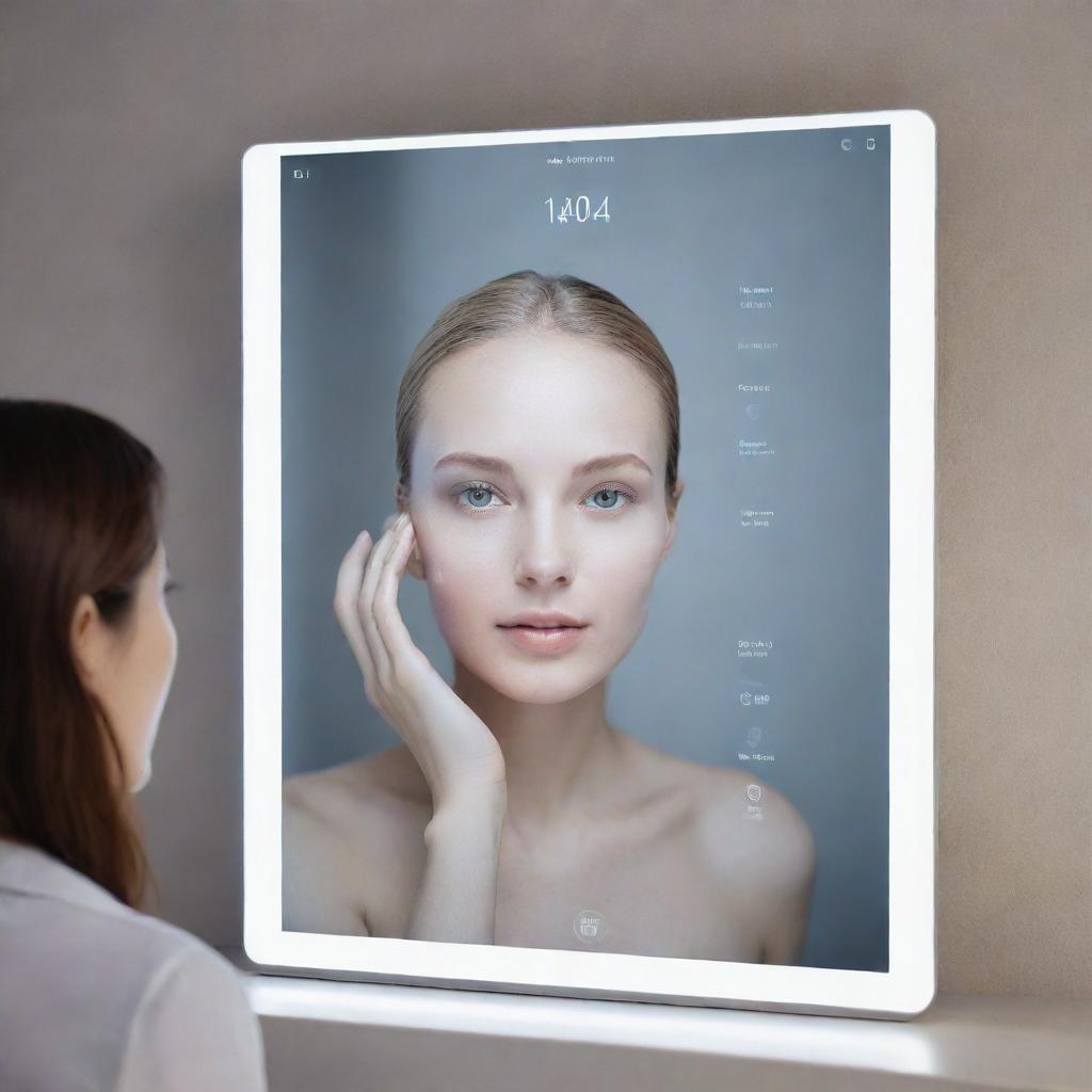 A smart mirror with a sleek, high-tech design, illuminating skin analysis data, and suggesting personalized skincare products on its translucent interface.