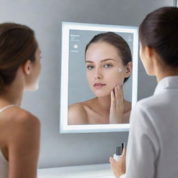 A smart mirror with a sleek, high-tech design, illuminating skin analysis data, and suggesting personalized skincare products on its translucent interface.