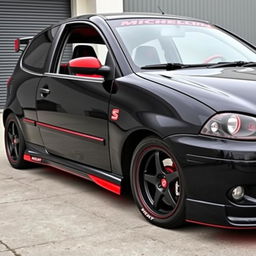 A 2004 black SEAT Ibiza featuring bold red accents, equipped with sleek black OZ Racing wheels