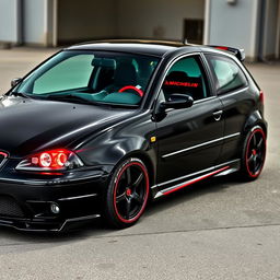 A 2004 black SEAT Ibiza featuring bold red accents, equipped with sleek black OZ Racing wheels