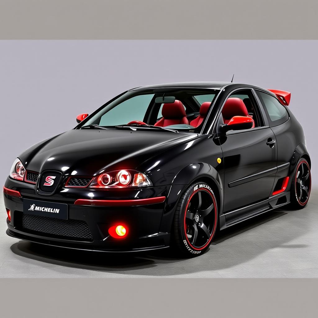 A 2004 black SEAT Ibiza featuring bold red accents, equipped with sleek black OZ Racing wheels