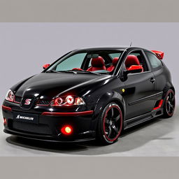 A 2004 black SEAT Ibiza featuring bold red accents, equipped with sleek black OZ Racing wheels