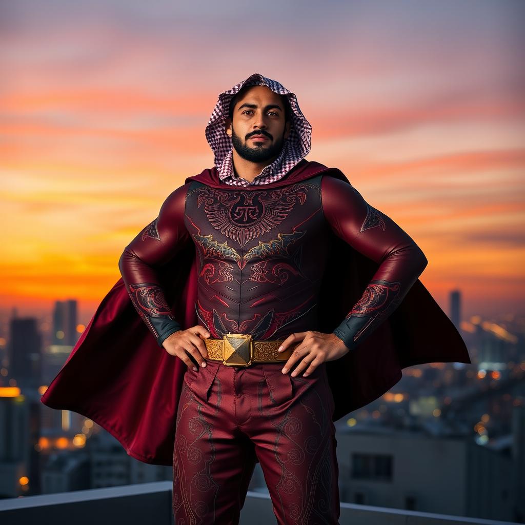 An Arab man depicted as a noble superhero stands heroically on a rooftop against the backdrop of a vibrant city skyline at dusk