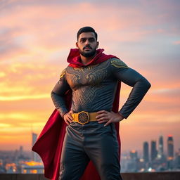 An Arab man depicted as a noble superhero stands heroically on a rooftop against the backdrop of a vibrant city skyline at dusk