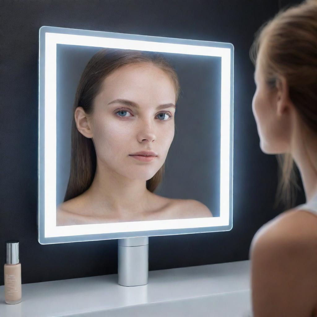 A smart mirror with a sleek, high-tech design, illuminating skin analysis data, and suggesting personalized skincare products on its translucent interface.