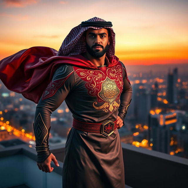 An Arab man depicted as a noble superhero stands heroically on a rooftop against the backdrop of a vibrant city skyline at dusk