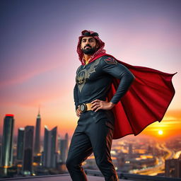 An Arab man depicted as a noble superhero stands heroically on a rooftop against the backdrop of a vibrant city skyline at dusk