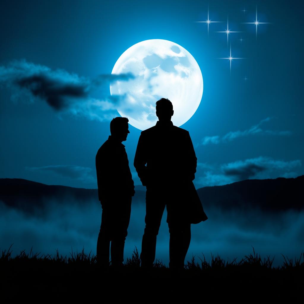 A striking scene unfolds under a mesmerizing blue full moon, casting shimmering light over the landscape