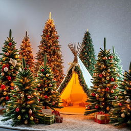 A beautifully arranged Christmas tree landscape, showcasing several elegantly decorated Christmas trees of varying heights, twinkling lights, colorful ornaments, and lush green foliage