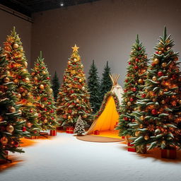 A beautifully arranged Christmas tree landscape, showcasing several elegantly decorated Christmas trees of varying heights, twinkling lights, colorful ornaments, and lush green foliage