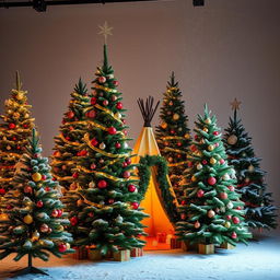 A beautifully arranged Christmas tree landscape, showcasing several elegantly decorated Christmas trees of varying heights, twinkling lights, colorful ornaments, and lush green foliage