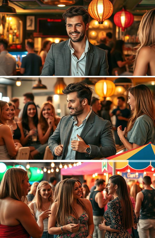 A charismatic man confidently approaching women in various social settings, such as a busy bar, a lively coffee shop, and a vibrant outdoor festival