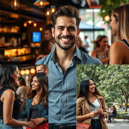 A confident man with a charming smile, engaged in social interactions with women in a variety of settings, such as a stylish bar, a bustling café, and a lively park