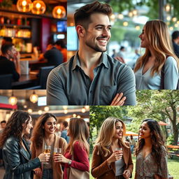 A confident man with a charming smile, engaged in social interactions with women in a variety of settings, such as a stylish bar, a bustling café, and a lively park