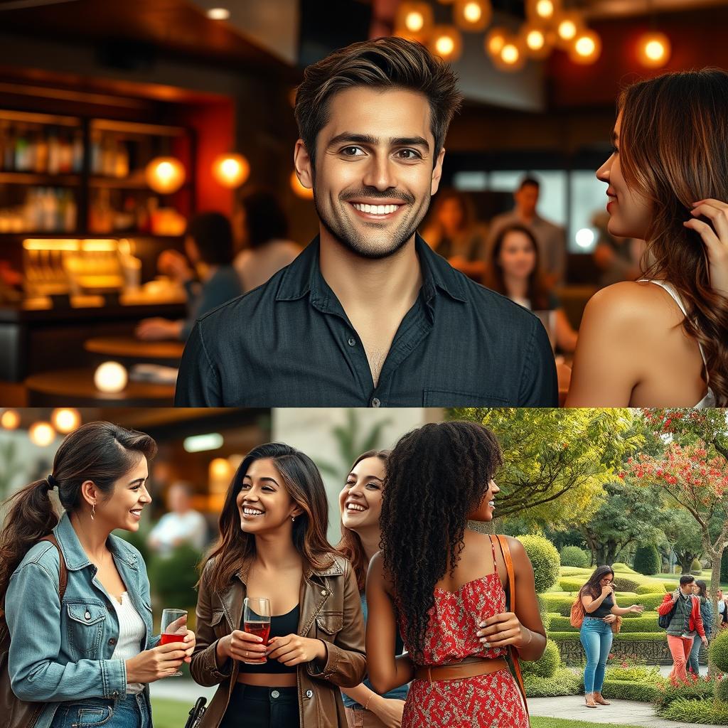 A confident man with a charming smile, engaged in social interactions with women in a variety of settings, such as a stylish bar, a bustling café, and a lively park