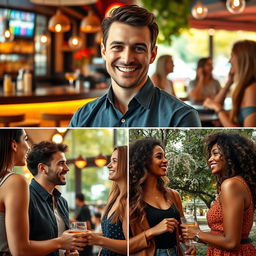 A confident man with a charming smile, engaged in social interactions with women in a variety of settings, such as a stylish bar, a bustling café, and a lively park