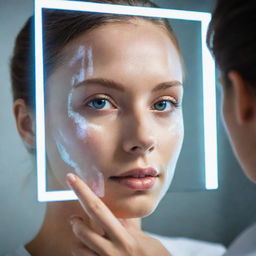 A sophisticated mirror scanning a human face with futuristic holographic technology, outlining facial features and analysing skin condition.