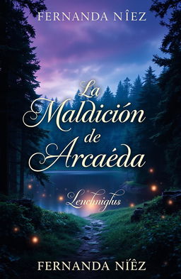 A captivating book cover featuring a mystical forest with dense trees and lush greenery surrounding a serene lake