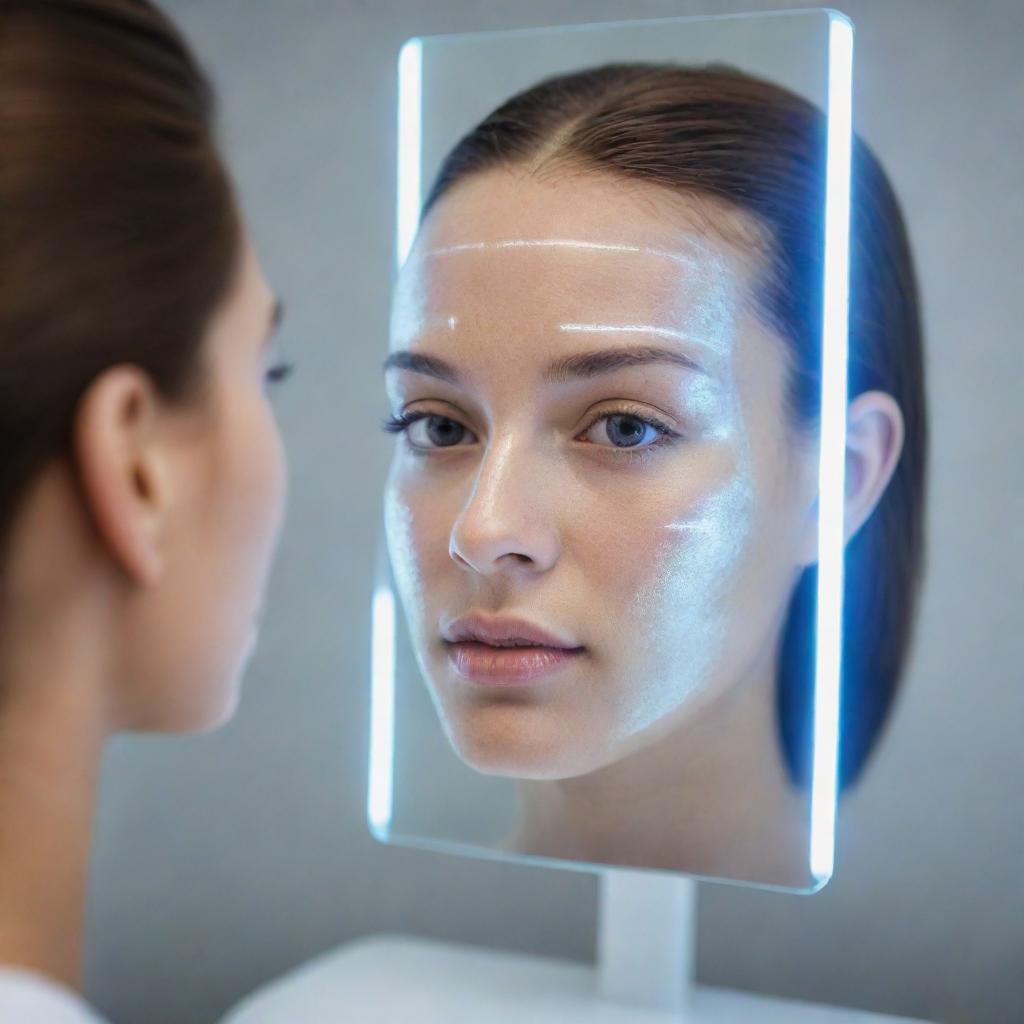 A sophisticated mirror scanning a human face with futuristic holographic technology, outlining facial features and analysing skin condition.