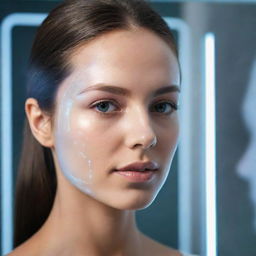 A sophisticated mirror scanning a human face with futuristic holographic technology, outlining facial features and analysing skin condition.