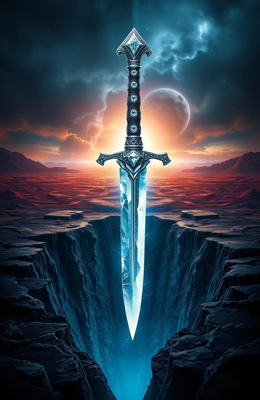 A stunning cover design depicting a dagger with a diamond-encrusted hilt and a blade resembling ice, floating majestically above a crack that reveals the void beneath