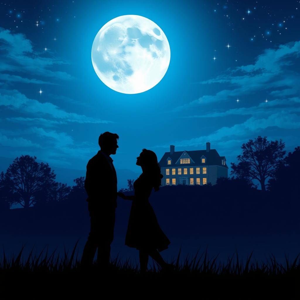 A romantic scene unfolds under a beautiful blue full moon, casting a magical glow over the landscape