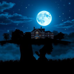 A romantic scene unfolds under a beautiful blue full moon, casting a magical glow over the landscape