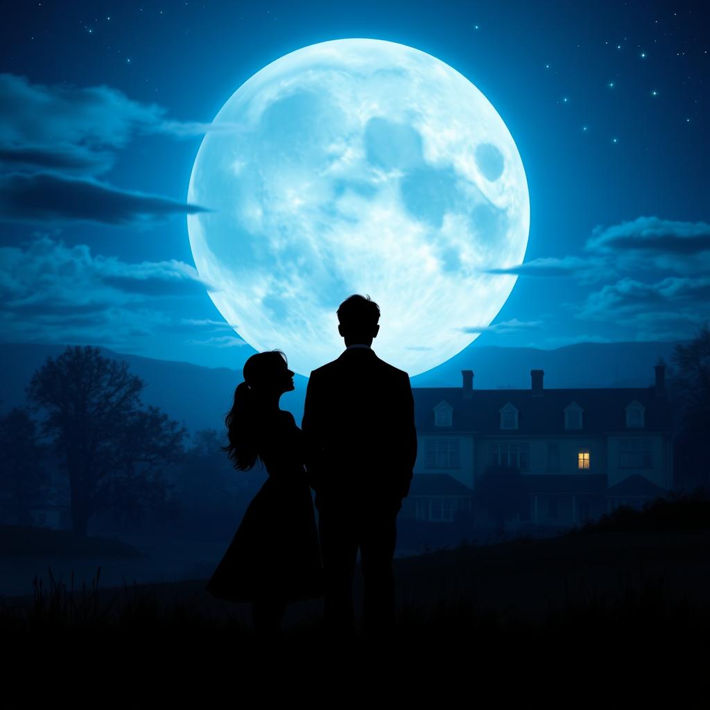 A romantic scene unfolds under a beautiful blue full moon, casting a magical glow over the landscape