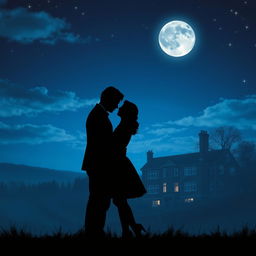 A romantic scene unfolds under a beautiful blue full moon, casting a magical glow over the landscape