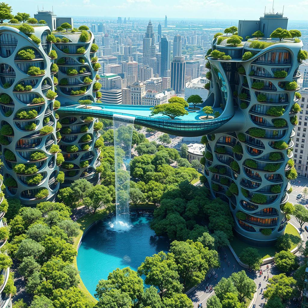 Futuristic bionic design of high-rise buildings featuring facades adorned with flowing lines, each balcony showcasing lush trees